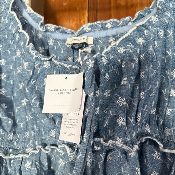 American Eagle Outfitters Denim Floral Ruffle Blouse - Picture 5 of 5
